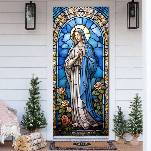 Virgin Mary Stained Glass Door Cover Christian Home Decor