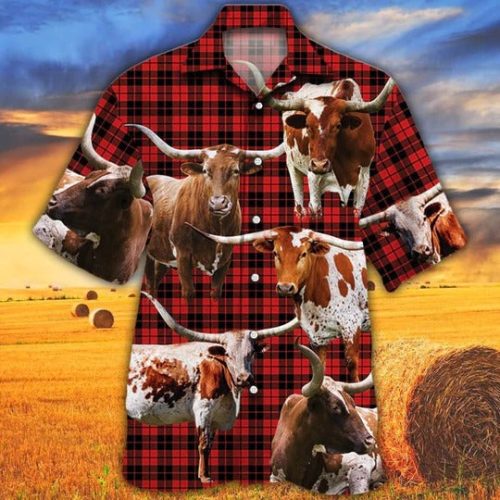 Tx Longhorn Cattle Lovers Green Plaid Pattern Hawaiian Shirt, Unisex Print Aloha Short Sleeve Casual Shirt