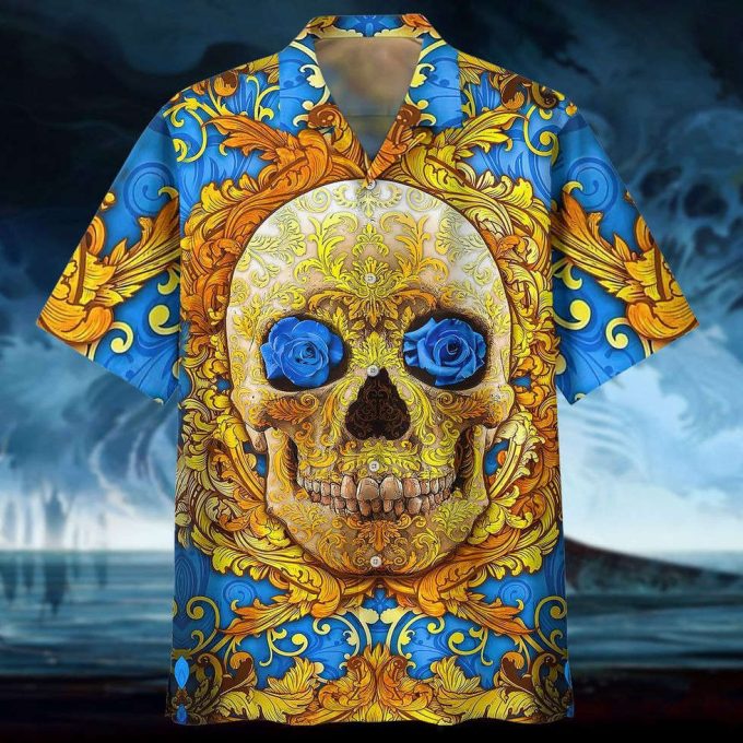 3D Full Printed Hawaiian Shirts With Skull, Blue Flowers Skull Hawaii Aloha Beach Shirts, Skull Hawaiian Shirt