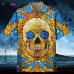 3D Full Printed Hawaiian Shirts With Skull, Blue Flowers Skull Hawaii Aloha Beach Shirts, Skull Hawaiian Shirt