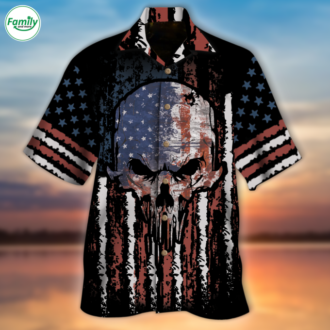 3D Skull Hawaiian Shirt With American Flag Pattern, Skulls Hawaii Shirt Short Sleeve