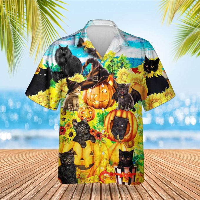 Cats And Pumpkin With Sunflowers Hawaiian Shirt 2024 Halloween Funny Button Up Shirt For Men