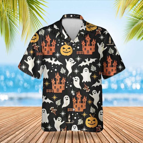 Halloween Pattern Black Hawaiian Shirt 2024 Halloween Short Sleeve Button Up Gifts For Him