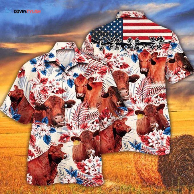 Red Angus Cattle Lovers American Flag Hawaiian Shirt, Unisex Print Aloha Short Sleeve Casual Shirt