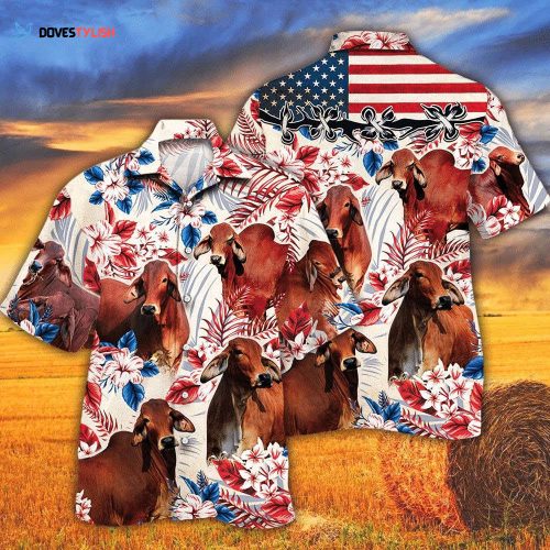 Red Brahman Cattle Lover Green Floral Pattern Hawaiian Shirt For Men And Women, Floral Bull Cow Hawaii Beach Shirt