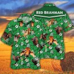 Red Brahman Cattle Lover Green Floral Pattern Hawaiian Shirt For Men And Women, Floral Bull Cow Hawaii Beach Shirt