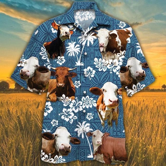 Simmental Cattle Lovers Blue Tribal Pattern Hawaiian Shirt, Unisex Print Aloha Short Sleeve Casual Shirt