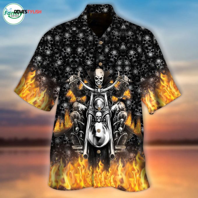 Skeleton Hawaiian Shirt Skull Skeleton Rider On Fire All Over Printed 3D Hawaiian Shirt