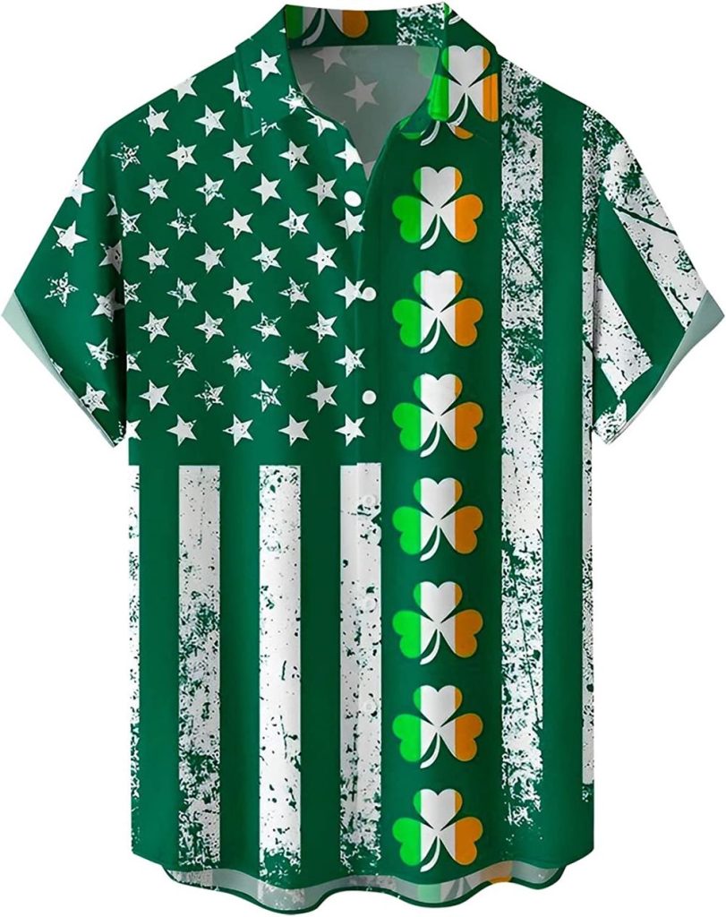 St. Patrick’s Day Button Down Shirt Short Sleeve Casual Shirt Green Shamrock Aloha Shirts