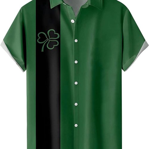 St. Patrick’s Day Button Down Shirt Short Sleeve Casual Shirt Green Shamrock Printed Aloha Shirts Tops