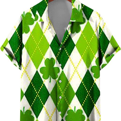 St.Patricks Day Hawaiian Bowling Shirts for Men Short Sleeve Shamrock Printed Beach Casual Aloha Shirt Clover Printed Shirt