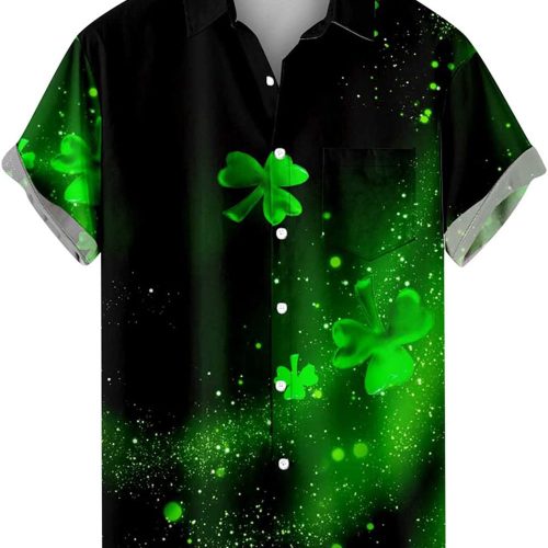 St.Patricks Day Hawaiian Bowling Shirts for Men Short Sleeve Shamrock Printed Beach Casual Aloha Shirt Clover Printed Shirt