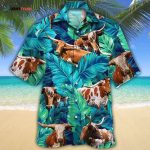 Texas Longhorn Hawaii Shirt Cattle Green, Unisex Print Aloha Short Sleeve Casual Shirt