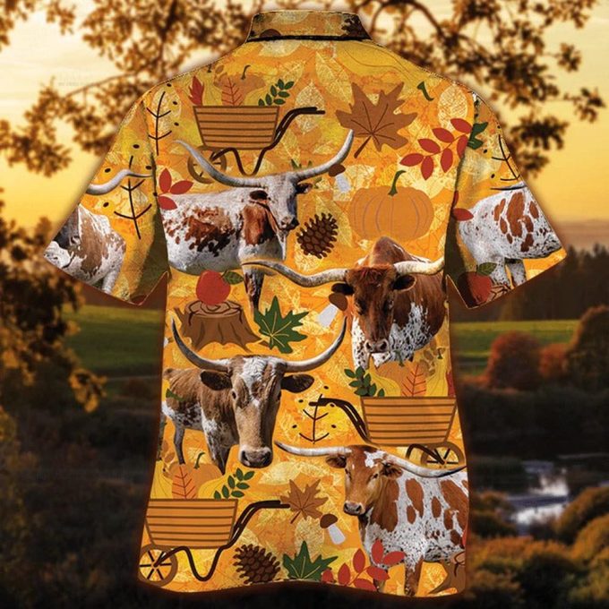 Tx Longhorn Cattle Lovers Orange Nature Autumn Hawaiian Shirt, Unisex Print Aloha Short Sleeve Casual Shirt