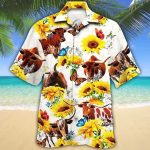 Tx Longhorn Cattle Lovers Sun Flower Hawaiian Shirt, Cow Aloha Hawaiian Shirt