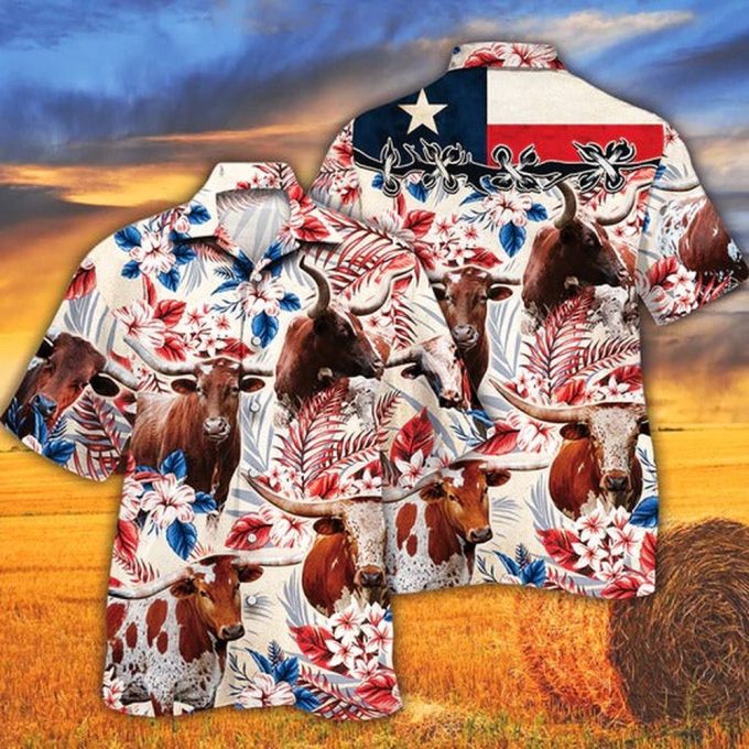 Tx Longhorn Cattle Lovers Texas Flag Hawaiian Shirt, Unisex Print Aloha Short Sleeve Casual Shirt