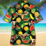 Tx Longhorn Cattle Lovers Tropical Fruits Hawaiian Shirt, Unisex Print Aloha Short Sleeve Casual Shirt