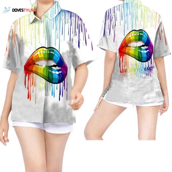 Women Hawaiian Shirt For Lgbt Community In Summer, Love Who You Want Rainbow Lips Watercolor