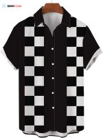 Black and White Hawaiian Shirt Casual Shirt for Men Chess Square Shirt