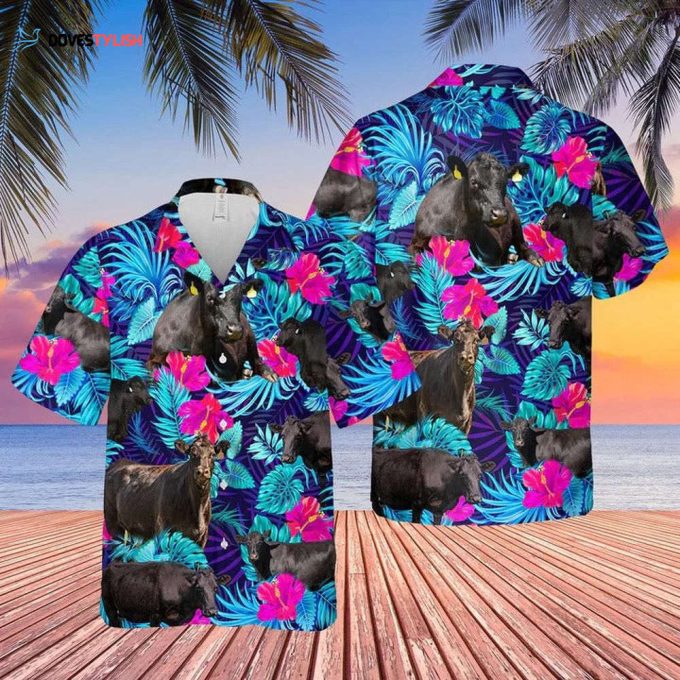 Black Angus Blue Neon Tropical Cattle Hawaii Shirt, Unisex Print Aloha Short Sleeve Casual Shirt, Cow Hawaiian Shirt