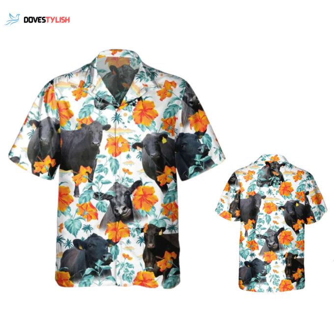 Black Angus Bright Hibiscus Flowers Hawaiian Shirt, Men’s Cow Hawaiian Shirt, Bull Hawaii Aloha Shirt