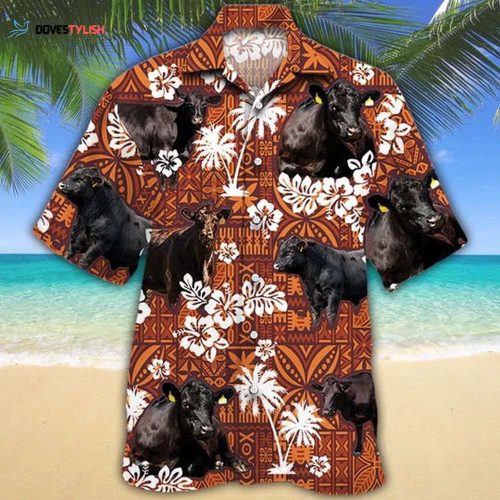 Black Angus Cattle Blue And Yellow Tropical Plants Hawaiian Shirt