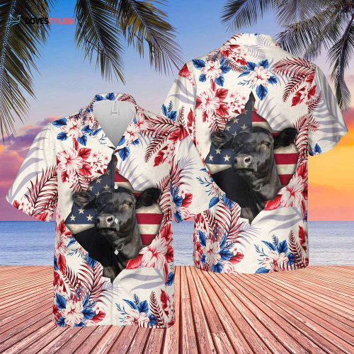 Black Angus In American Flag Pattern Hawaiian Shirt, Black Angus Hawaiian Shirt, Black Bull Hawaiian Shirt