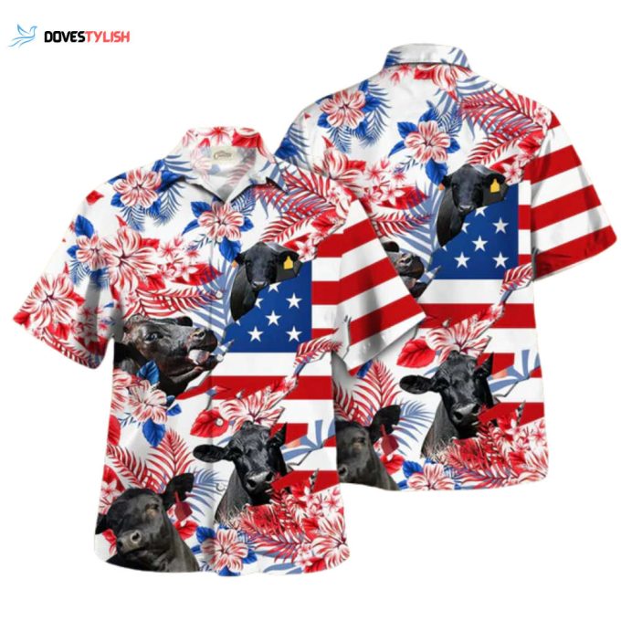 Black Angus Hawaiian Shirts, Black Angus In American Flag Pattern Tropical Flower Hawaiian Shirt