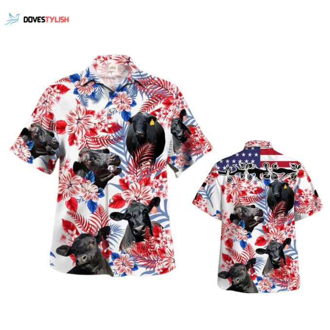 Black Angus In American Flag Pattern Hawaiian Shirt, Black Angus Hawaiian Shirt, Black Bull Hawaiian Shirt