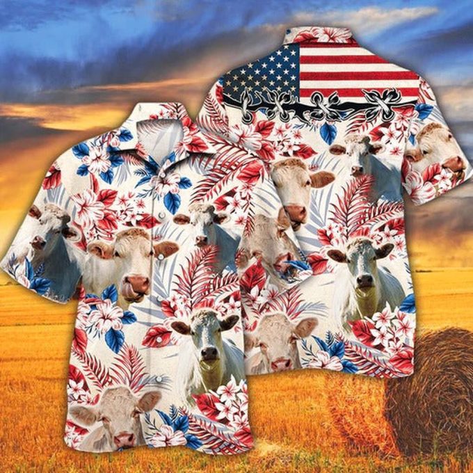 Charolais Cattle Lovers American Flag Hawaiian Shirt, Unisex Print Aloha Short Sleeve Casual Shirt