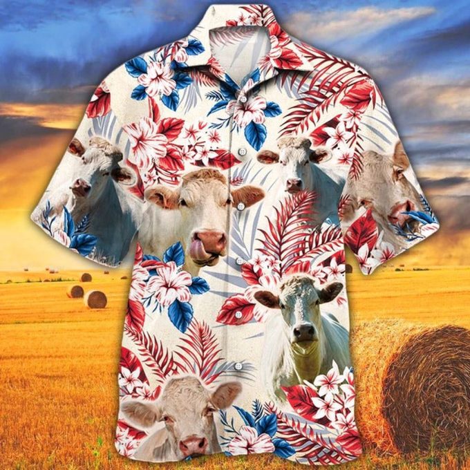 Charolais Cattle Lovers American Flag Hawaiian Shirt, Unisex Print Aloha Short Sleeve Casual Shirt