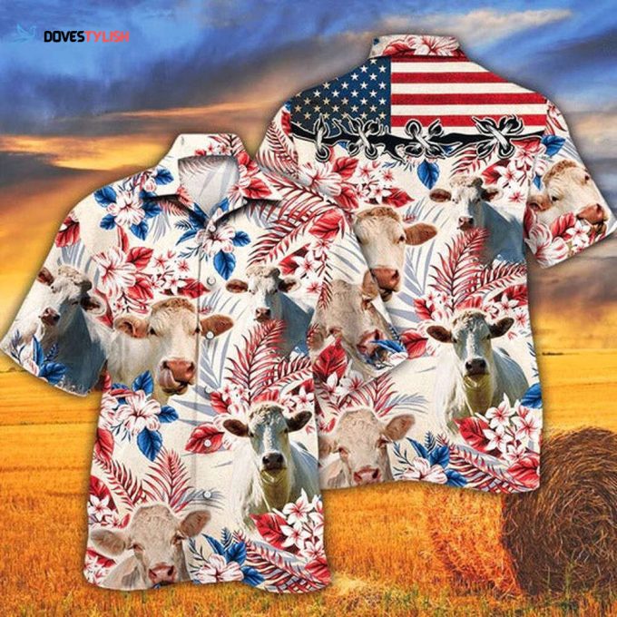 Charolais Cattle Lovers American Flag Hawaiian Shirt, Unisex Print Aloha Short Sleeve Casual Shirt