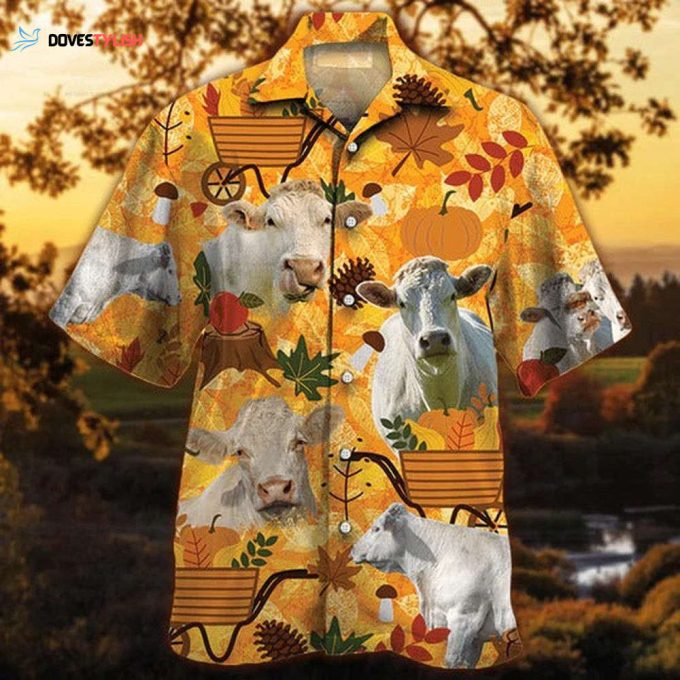 Charolais Cattle Lovers Orange Nature Autumn Hawaiian Shirt, Unisex Print Aloha Short Sleeve Casual Shirt