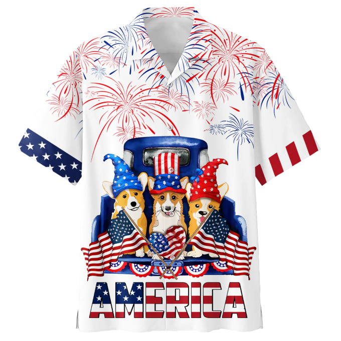 Corgi Hawaiian Shirt Full Print Independence Day, Funny Dog America On Hawaii Aloha Shirts For Dog Lovers