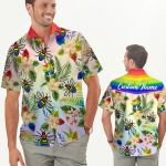 Custom Name Men Hawaiian Shirt For Lgbt Community, Rainbow Bee Hibiscus Flower