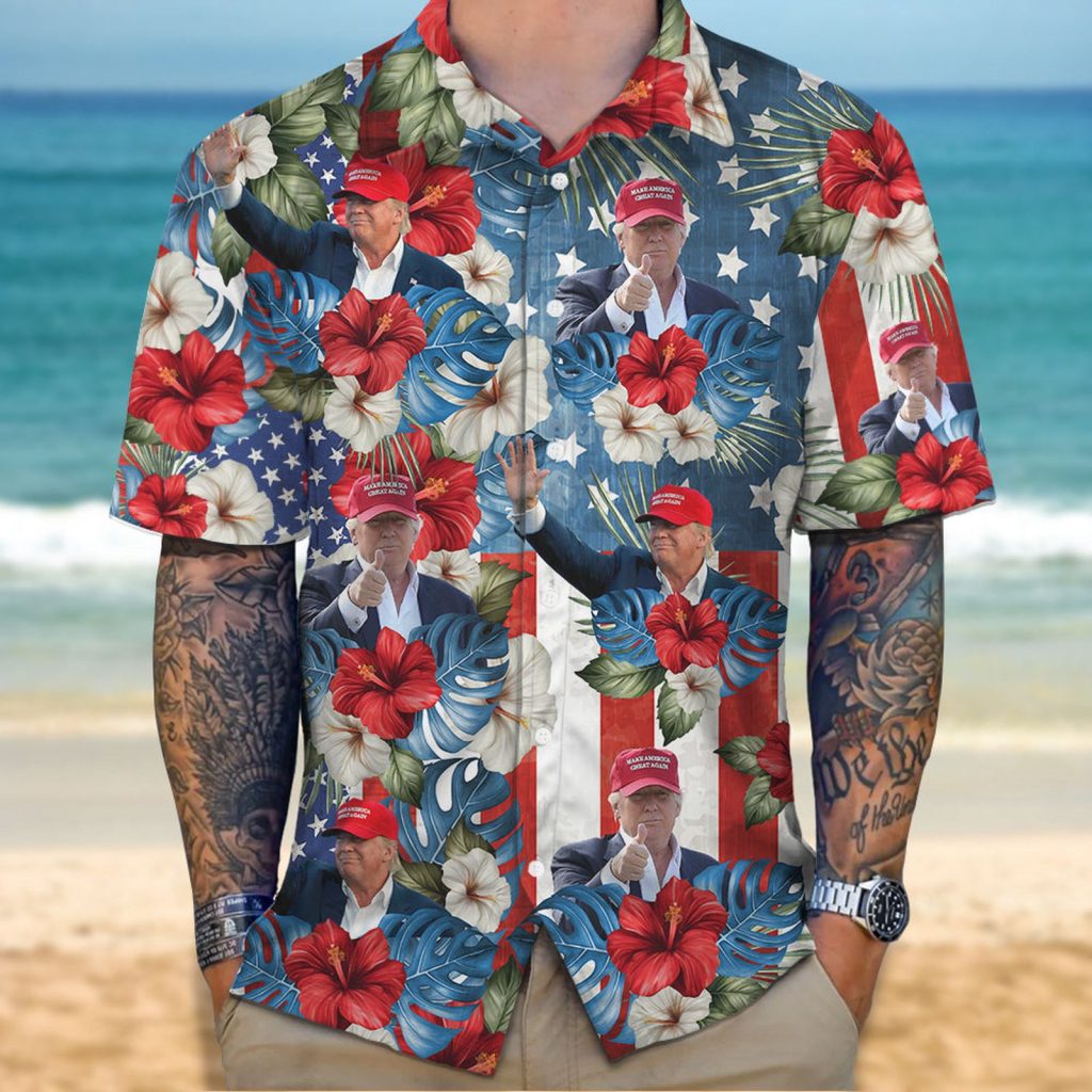 Custom Photo Trump American Flag Tropical Independence Day Hawaii Shirt – Funny Face Custom Photo Hawaii Shirt