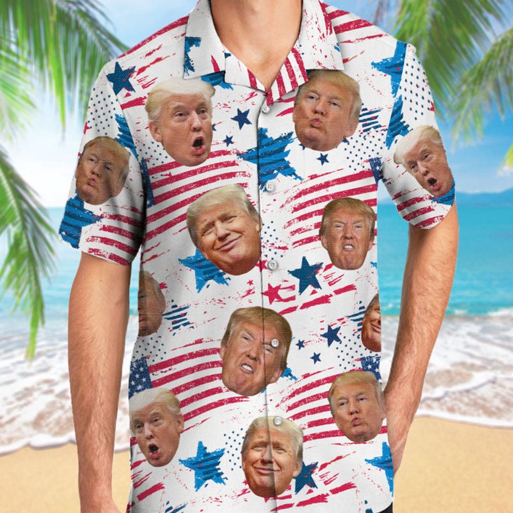 Custom Trump Face US Flag Pattern, Personalized Hawaiian Shirt, Custom Photo,Election 2024