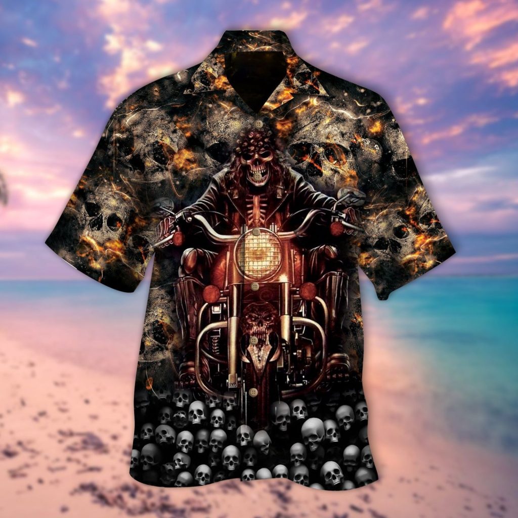 Cute Ghost Biker On Skulls 3D Hawaiian Shirt, Skull Hawaiian Shirt Men Women