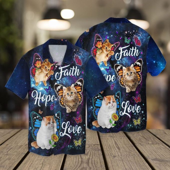 Faith Hope Love Cat 3D Hawaiian Shirt For Cat Lovers, Cat Flying Hawaii Aloha Beach Shirt Short Sleeve