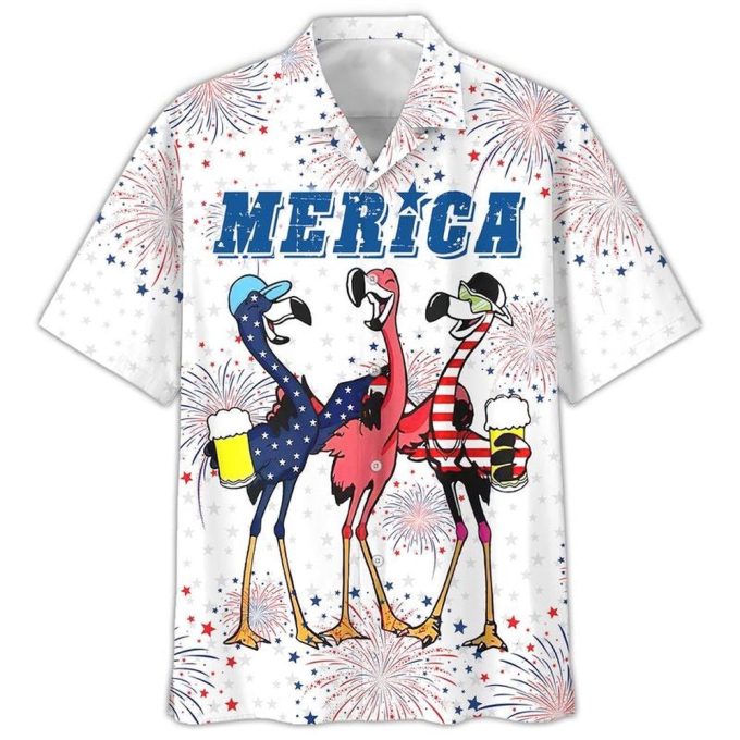 Flamingo Hawaiian Shirt, Full Printed Flamingo Drinking Beer In Usa Flag Happy Independence Day, 4Th Of Jul Gift