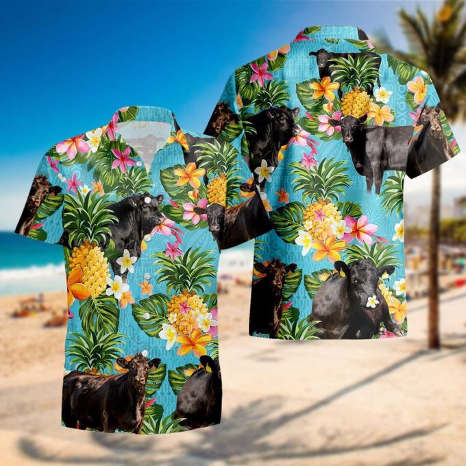 Funny Black Angus Cow Hawaiian Shirt, Tropical Flower Hawaii Shirt, Short Sleeve Hawaiian Aloha Shirt