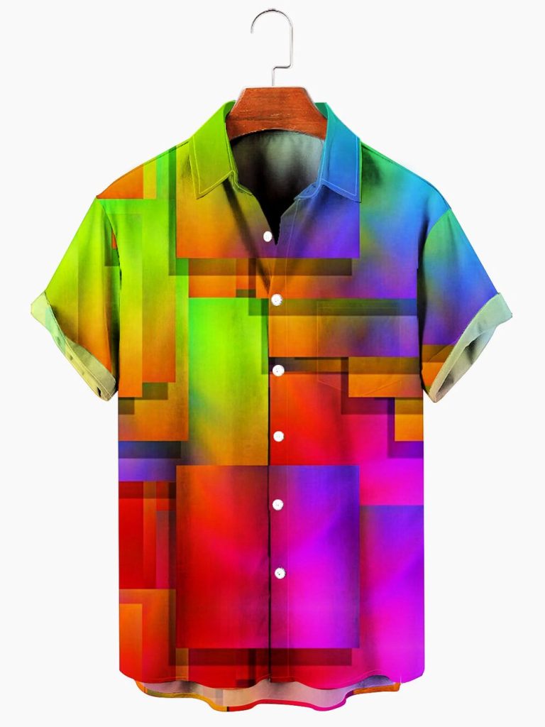 Geometric Contrast Print Hawaiian Shirt, Aloha Shirt, Button Down Hawaiian Shirt