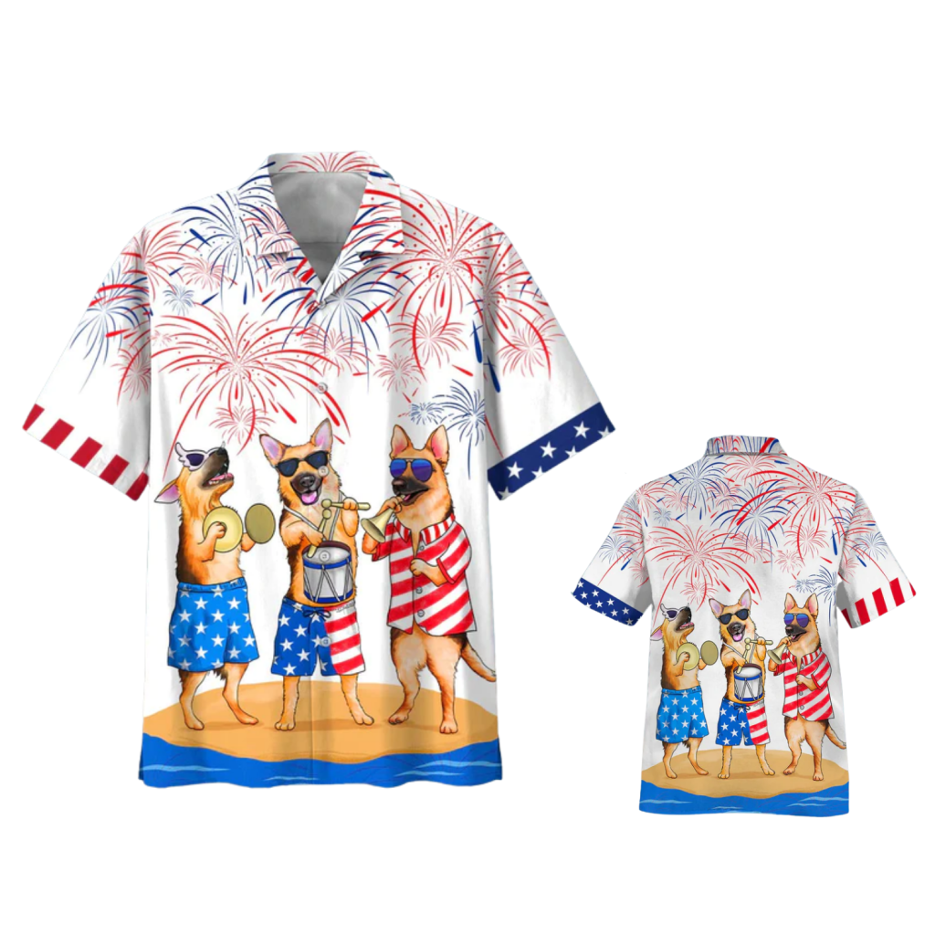 German Shepherd Hawaiian Shirt, Independence’S Day Dog Hawaiian Beach Shirt, Happy American Dog Hawaii Shirt