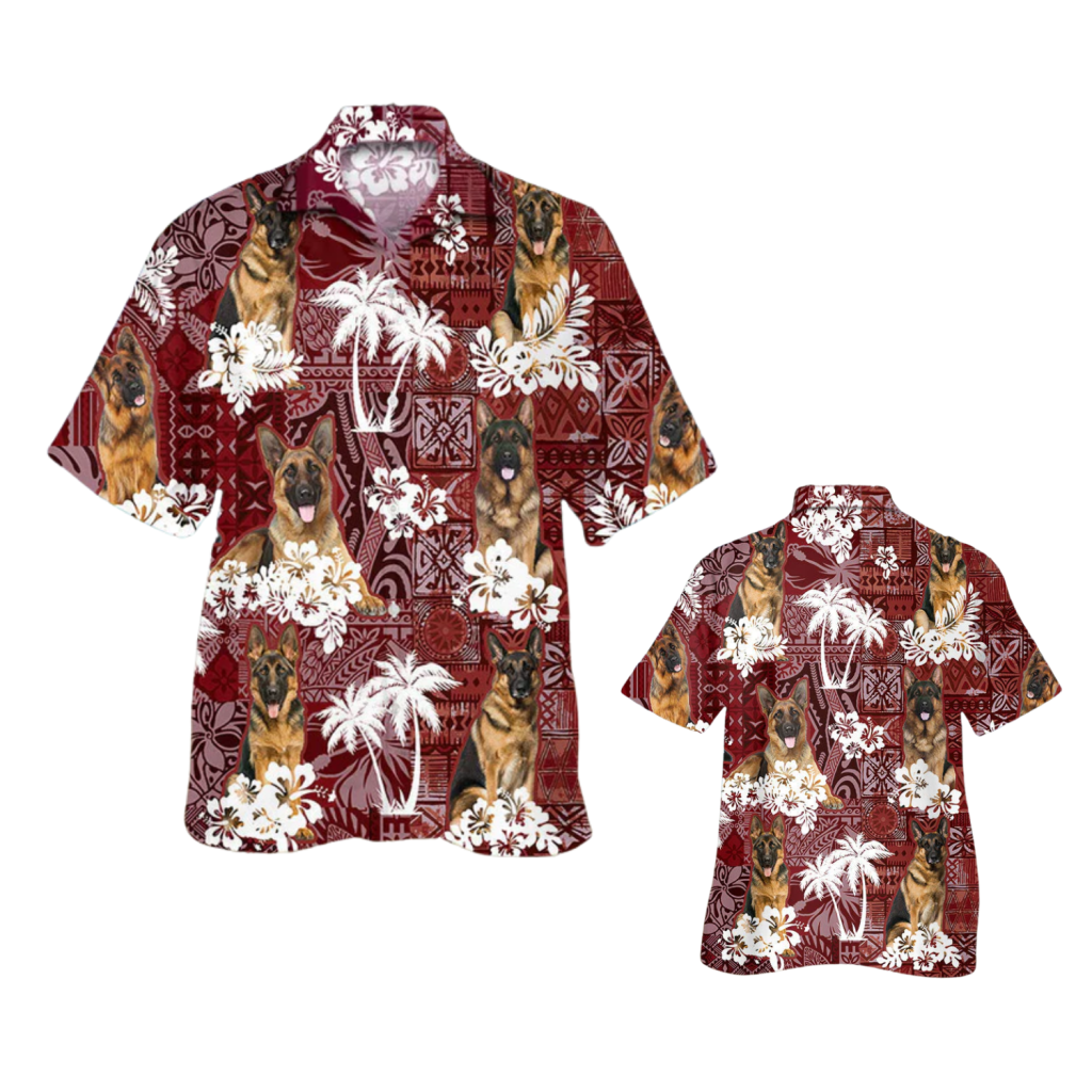 German Shepherd Hawaiian Shirt, Pet Hawaiian Shirts Red Tribal Pattern