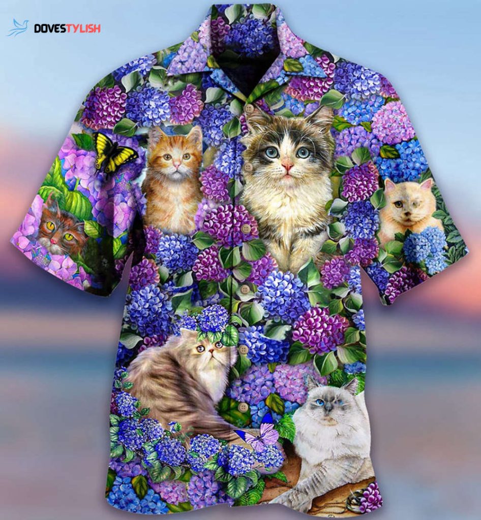 Hawaiian Shirt With Lovely And Purple Flowers, Cat Lovers Hawaiian Shirt