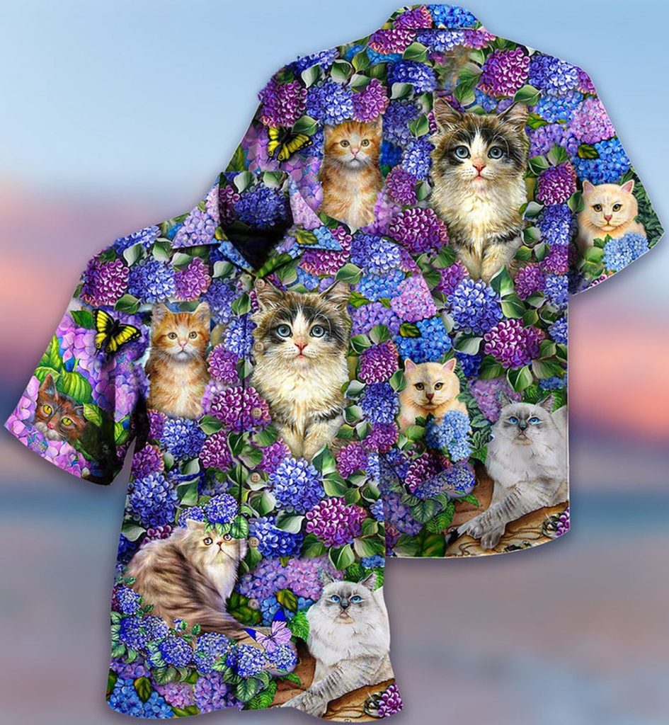 Hawaiian Shirt With Lovely And Purple Flowers, Cat Lovers Hawaiian Shirt