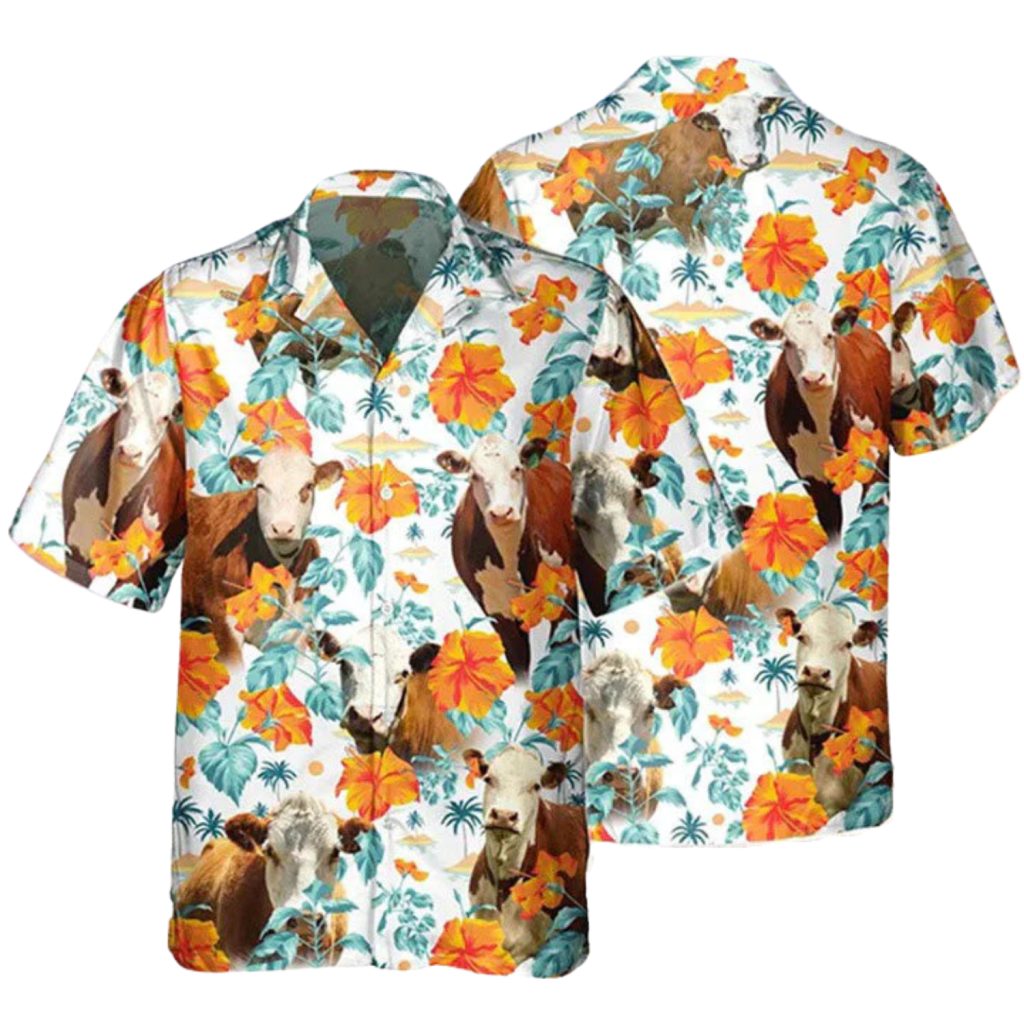 Hereford Bright Hibiscus Flower Hawaiian Shirt, Cow Hawaiian Shirt