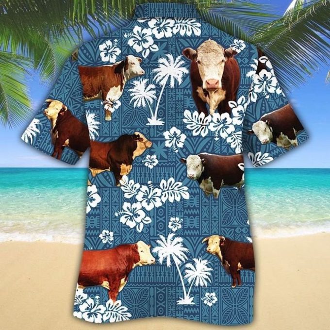 Hereford Cattle Lovers Blue Tribal Hawaiian Shirt, Unisex Print Aloha Short Sleeve Casual Shirt