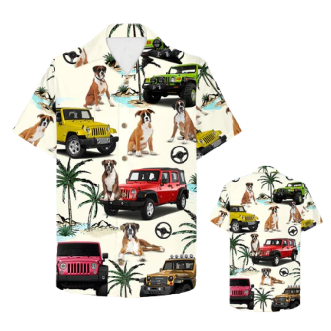 Jee Car Boxer Hawaiian Shirt – Gift For Jee Car Trips – Boxer And Jee Car Pattern Beach Aloha Shirt For Dog Lover