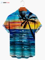 Landscape Coconut Tree Print Hawaiian Shirt, Hawaii Shirt With Coconut Tree, Gift For Him